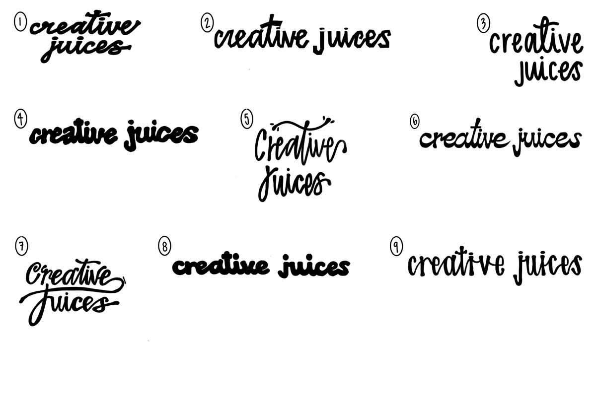 Creative Juices hand-lettering explorations, sheet 1