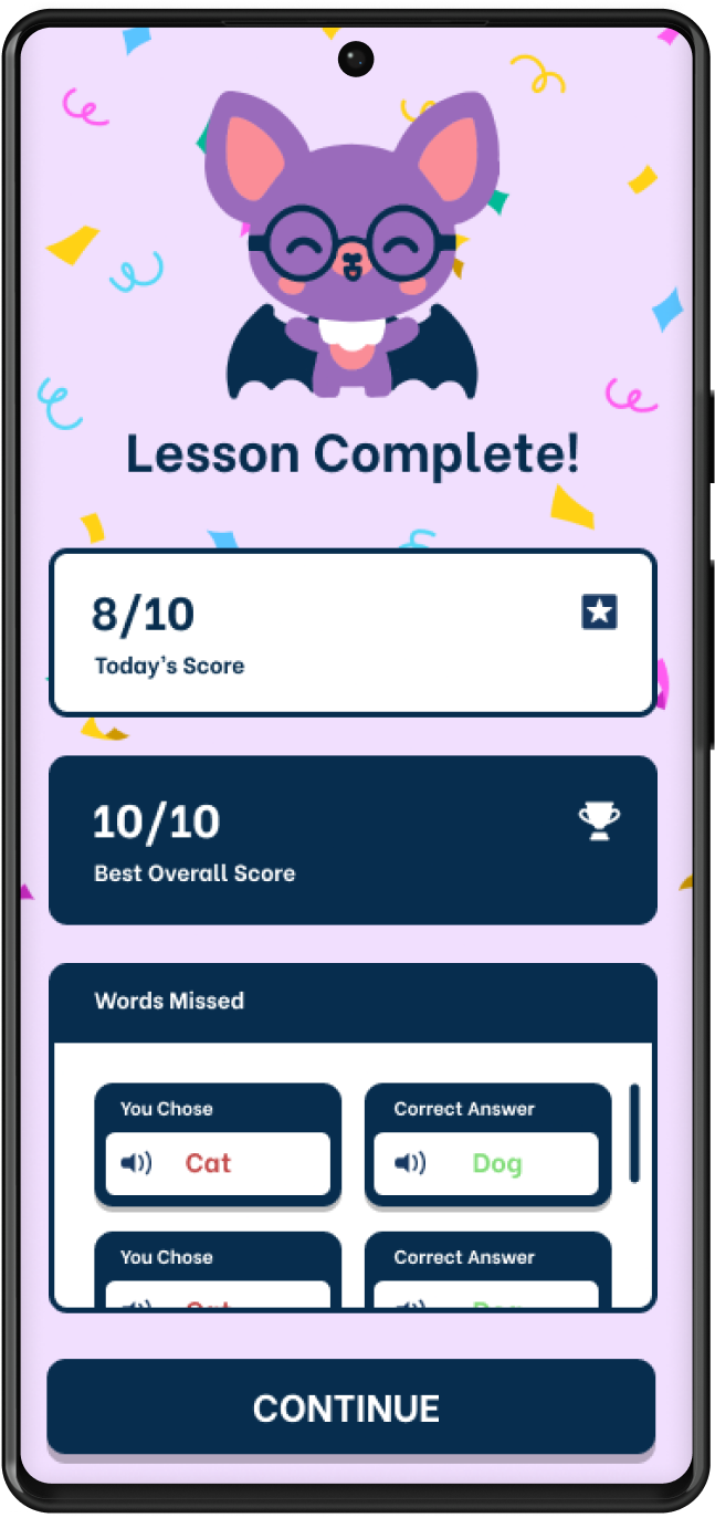 HearBat final screen 5 — lesson complete summary