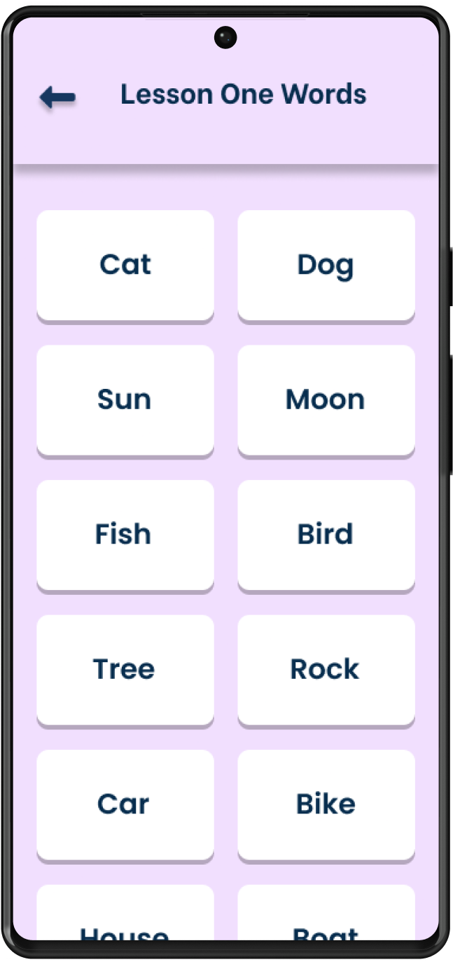 HearBat final screen 7 — Lesson One words