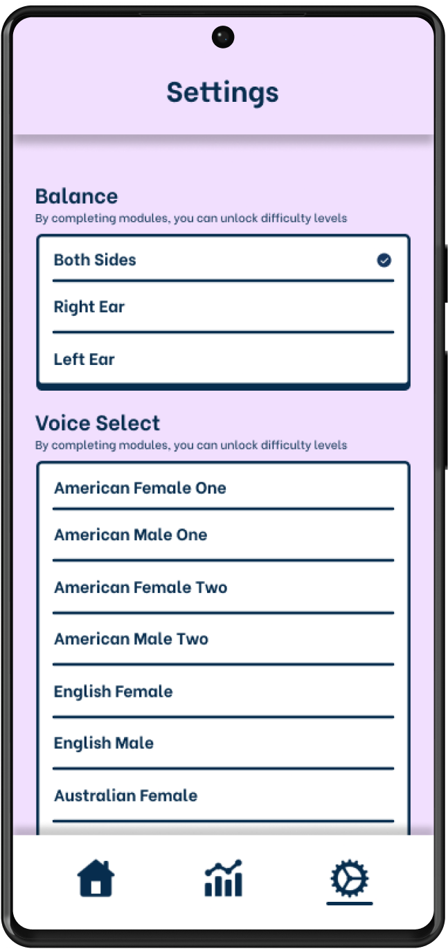HearBat final screen 8 — settings, balance and voice select