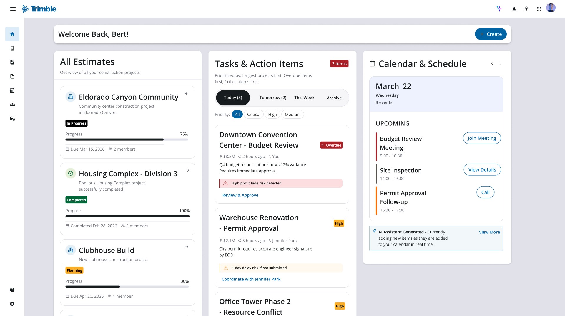 WorkCenter home dashboard for a general contractor / project manager, showing an estimates overview, prioritized tasks with AI-flagged risks, and a calendar.